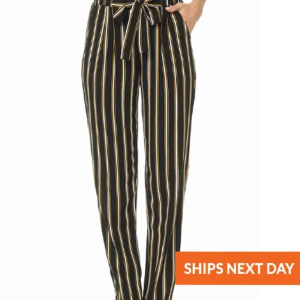 COPY - Vertical Stripe Paper-bag Waist Bottom - Paper Bag Waist - High Waist
